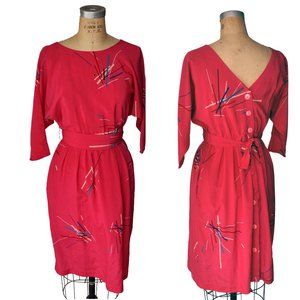 Vintage 80s Dress hot pink buttons pockets Dress